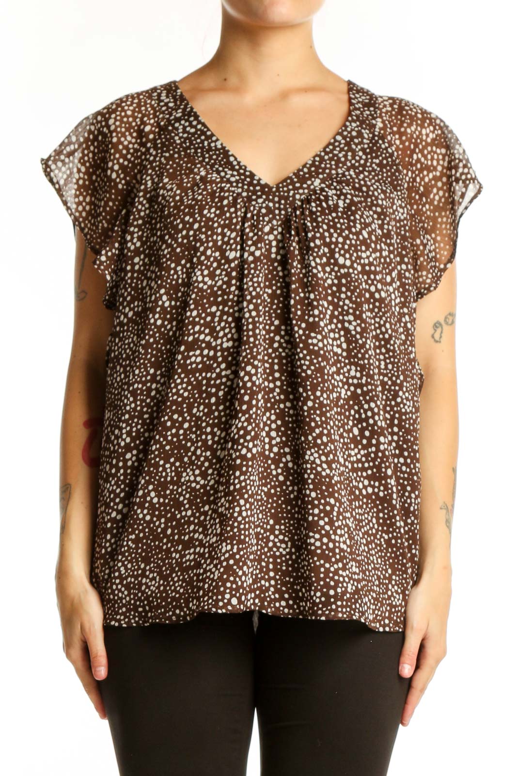 Brown Dotted V-Neck Cap Sleeve Top Front