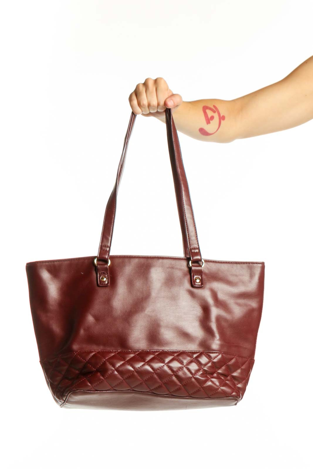 Burgundy Quilted Leather Shoulder Tote Bag Front