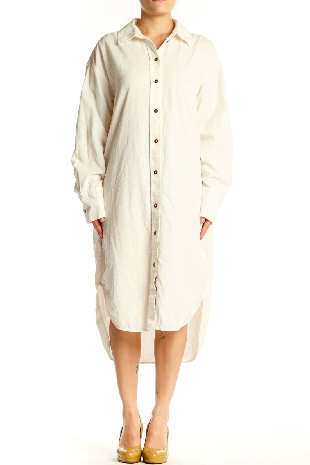Cream Cotton Button-Front Shirt Dress Front