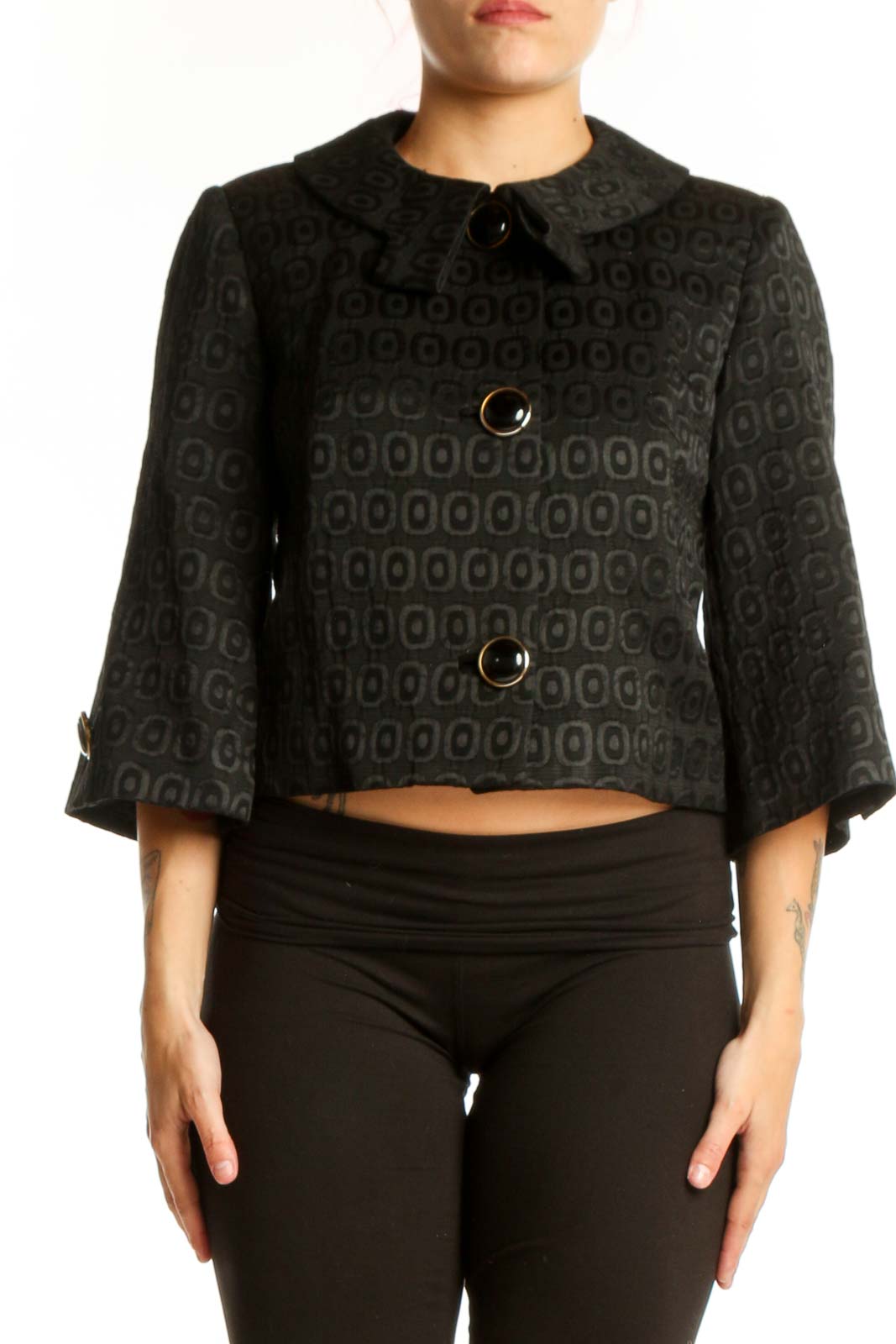 Black Geometric Cropped Jacket Front