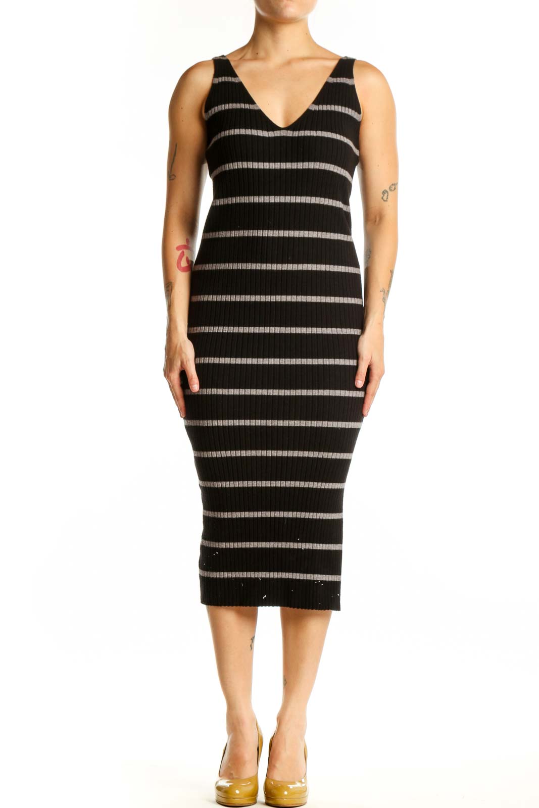 Black Striped Midi Bodycon Dress Front