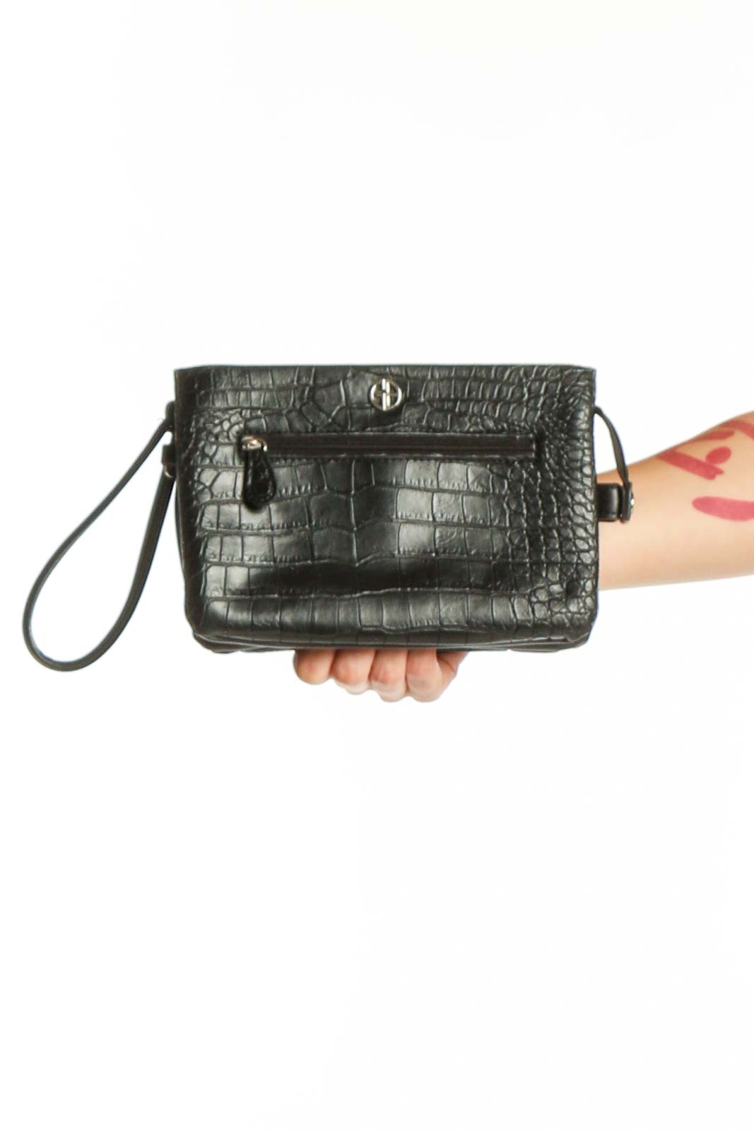 Black Crocodile Embossed Clutch Wristlet Front
