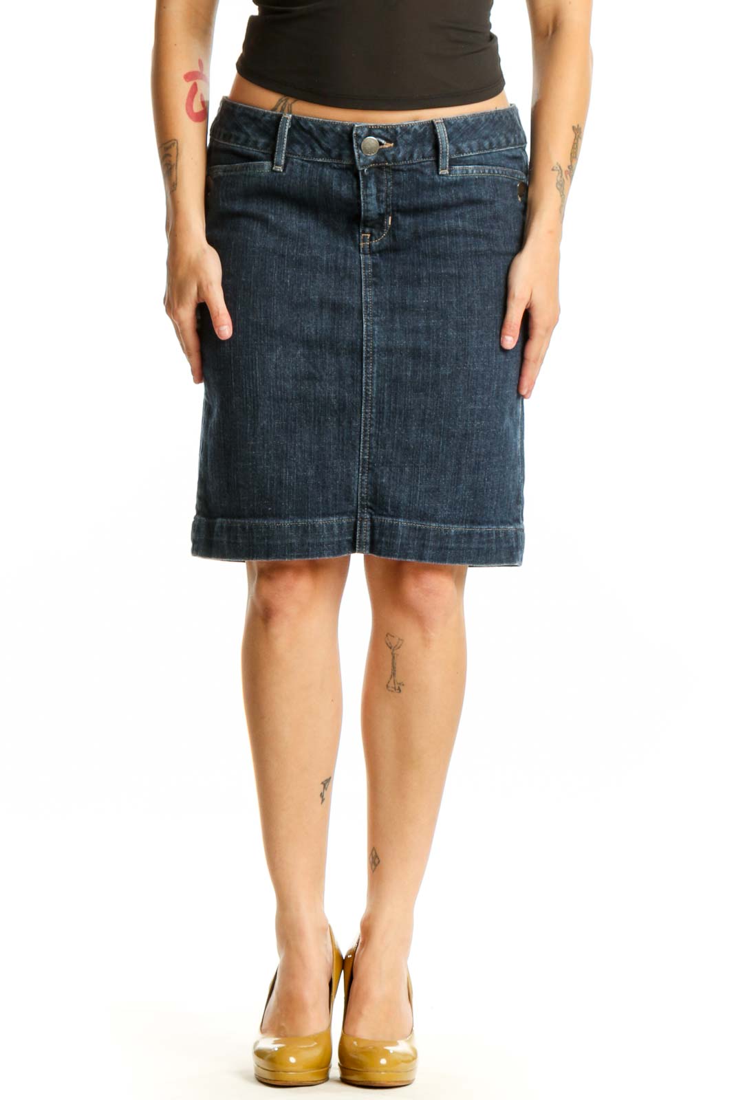 Dark Blue Denim Knee-Length Skirt Front