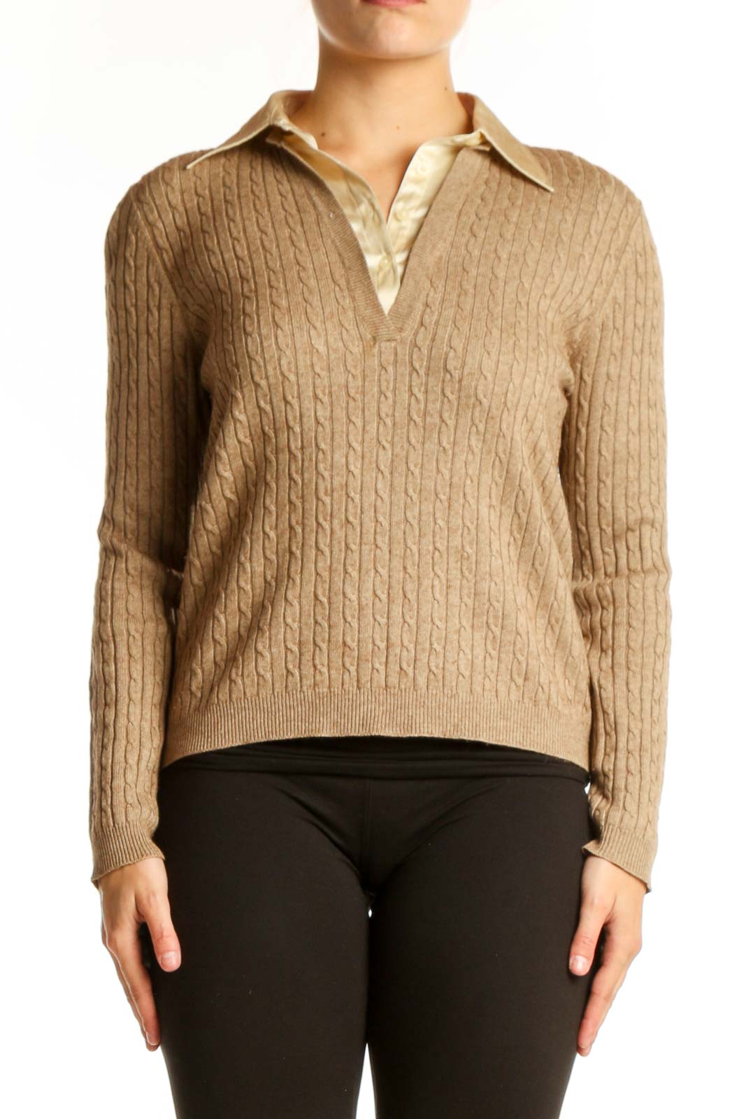 Beige Cable Knit Cashmere Silk Pullover Front