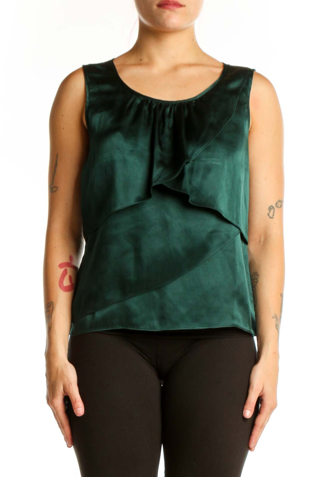 Green Silk Ruffle Tank Top Front
