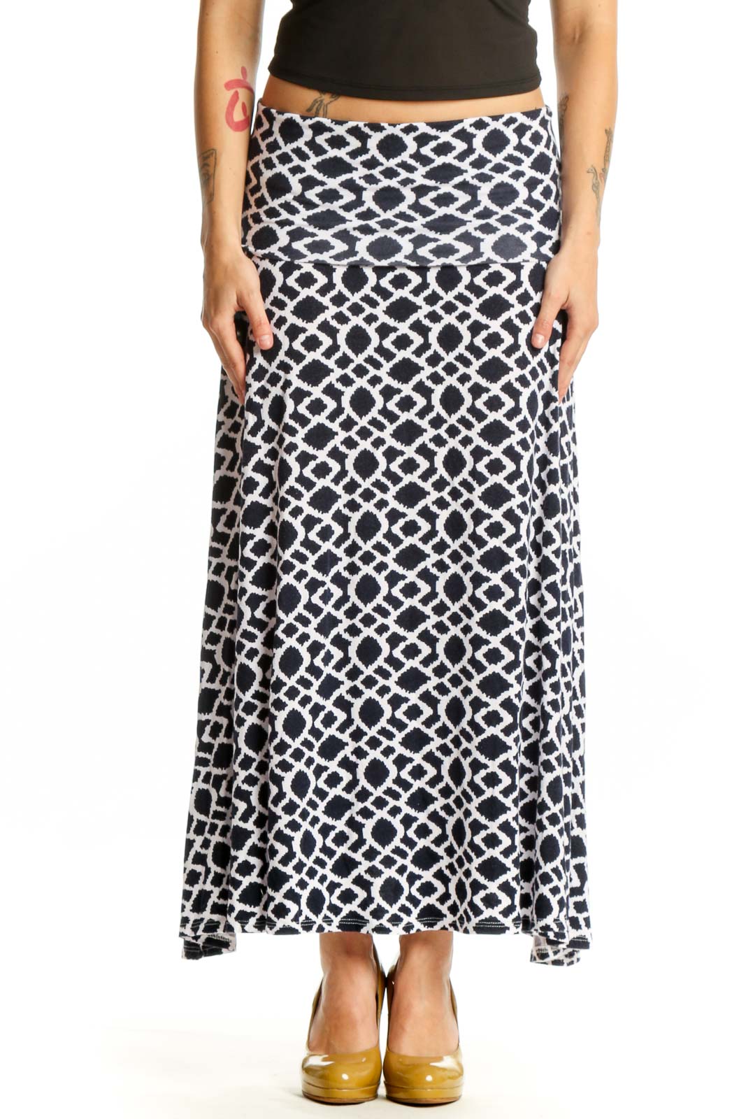 Navy Geometric Maxi Skirt Front