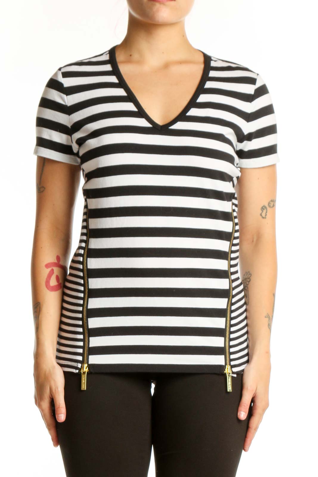 Black and White Striped V-Neck Top Front