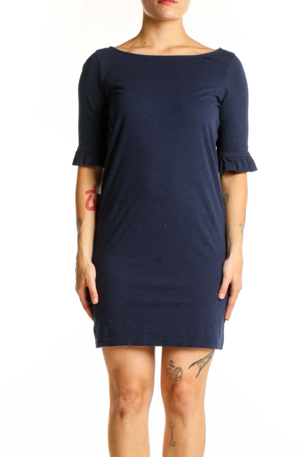 Navy Pima Cotton Ruffle Sleeve Dress Front
