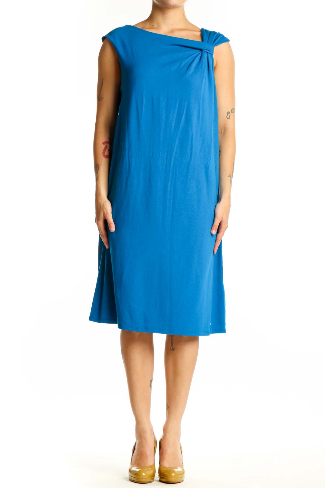 Blue Twisted Shoulder Shift Dress Front