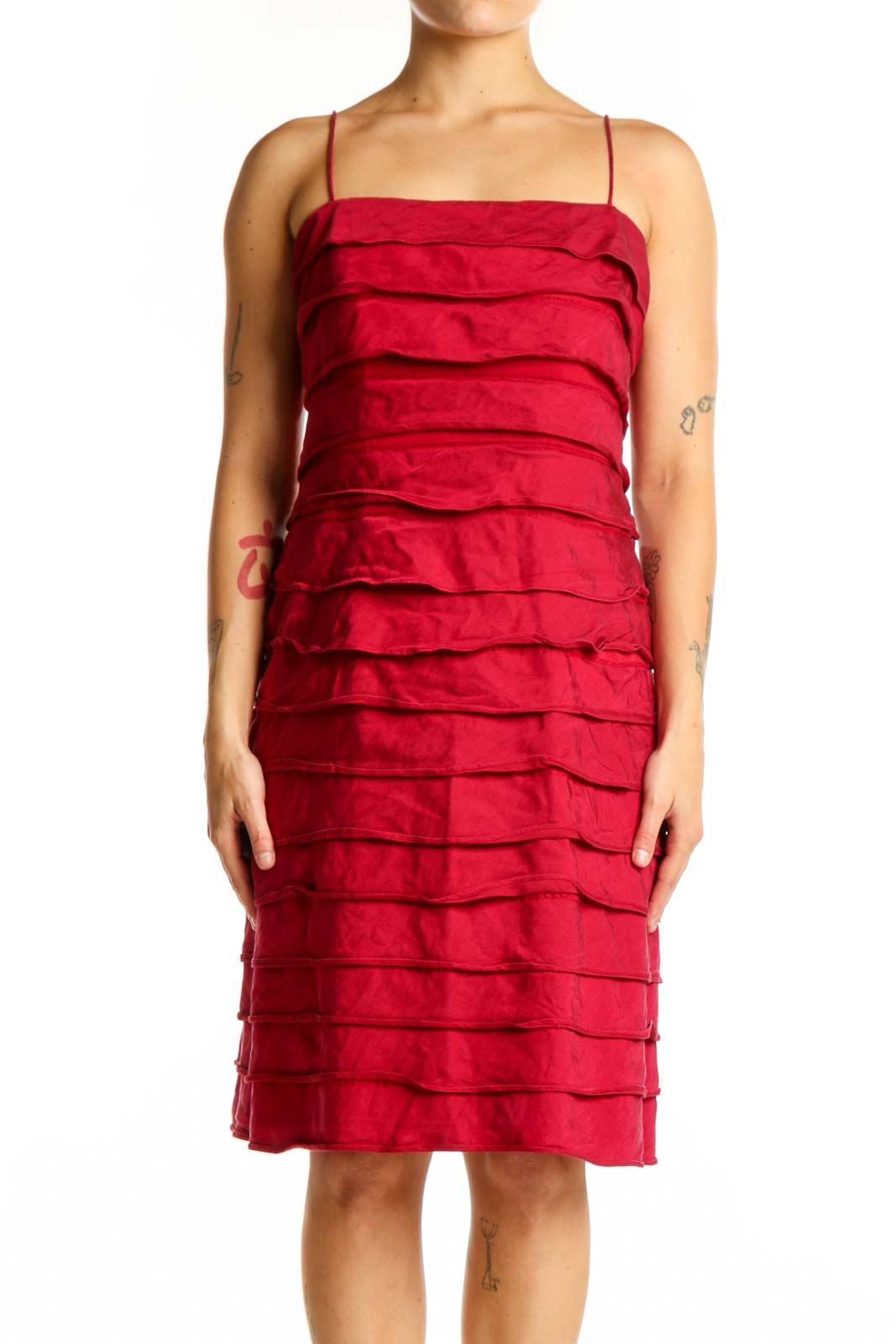 Red Ruched Midi Cocktail Dress Front