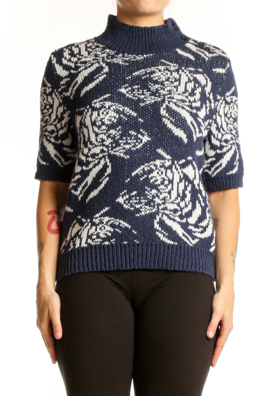 Navy Floral Turtleneck Knit Sweater Front