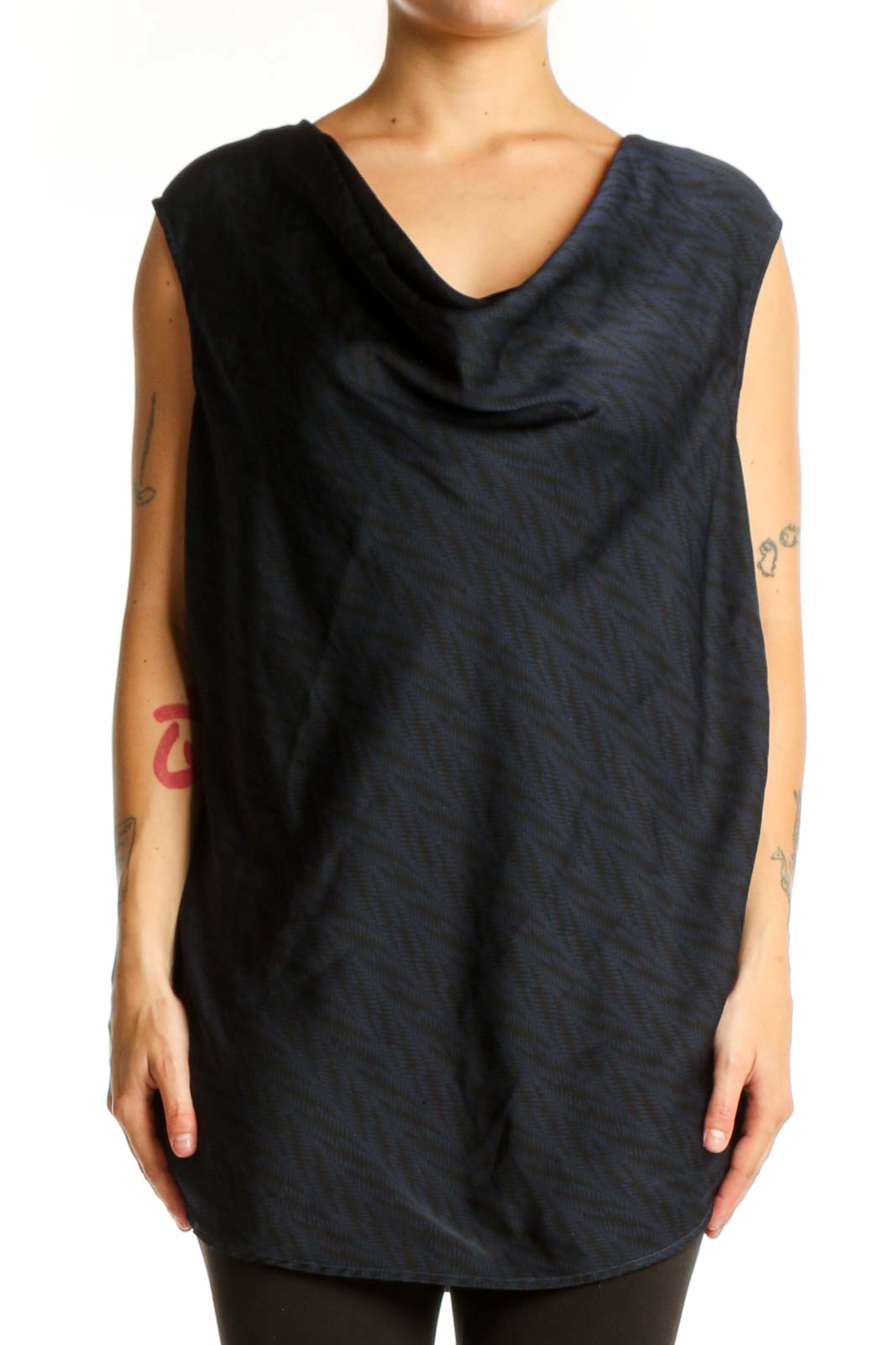 Navy Cowl Neck Sleeveless Top Front