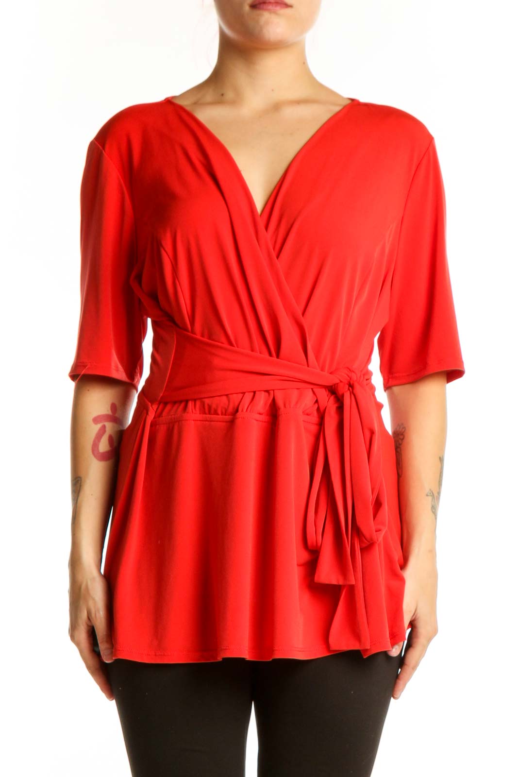 Red Wrap Blouse with Tie Waist Front