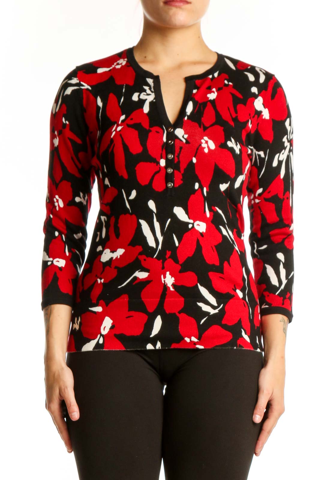 Red Floral Print Three-Quarter Sleeve Top Front