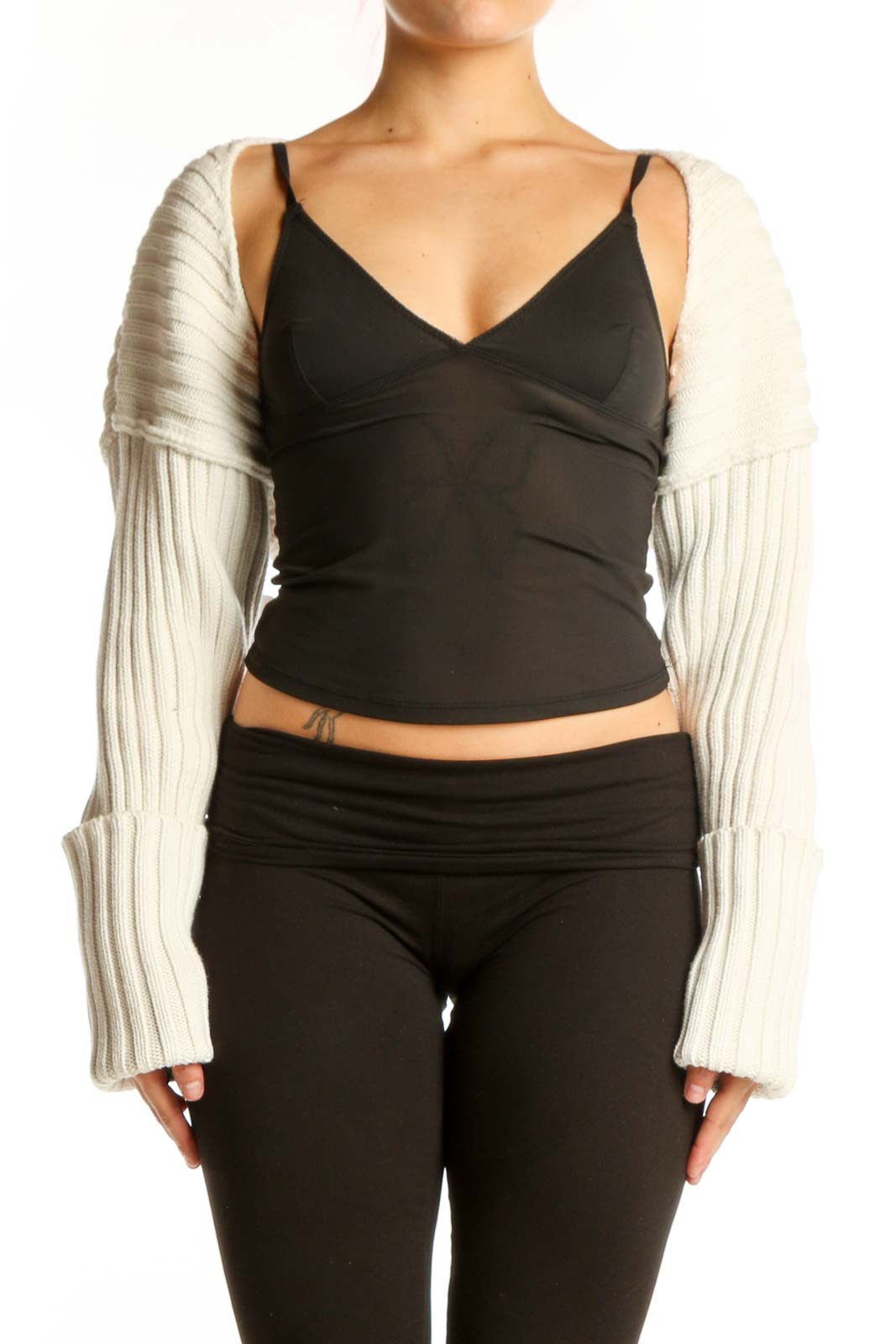 Black Wrap Crop Top with Cream Knit Sleeves Front