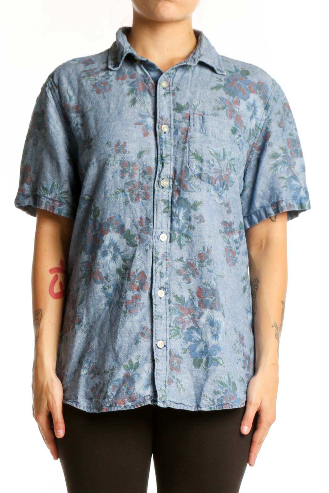 Blue Floral Short Sleeve Button-Up Shirt Front