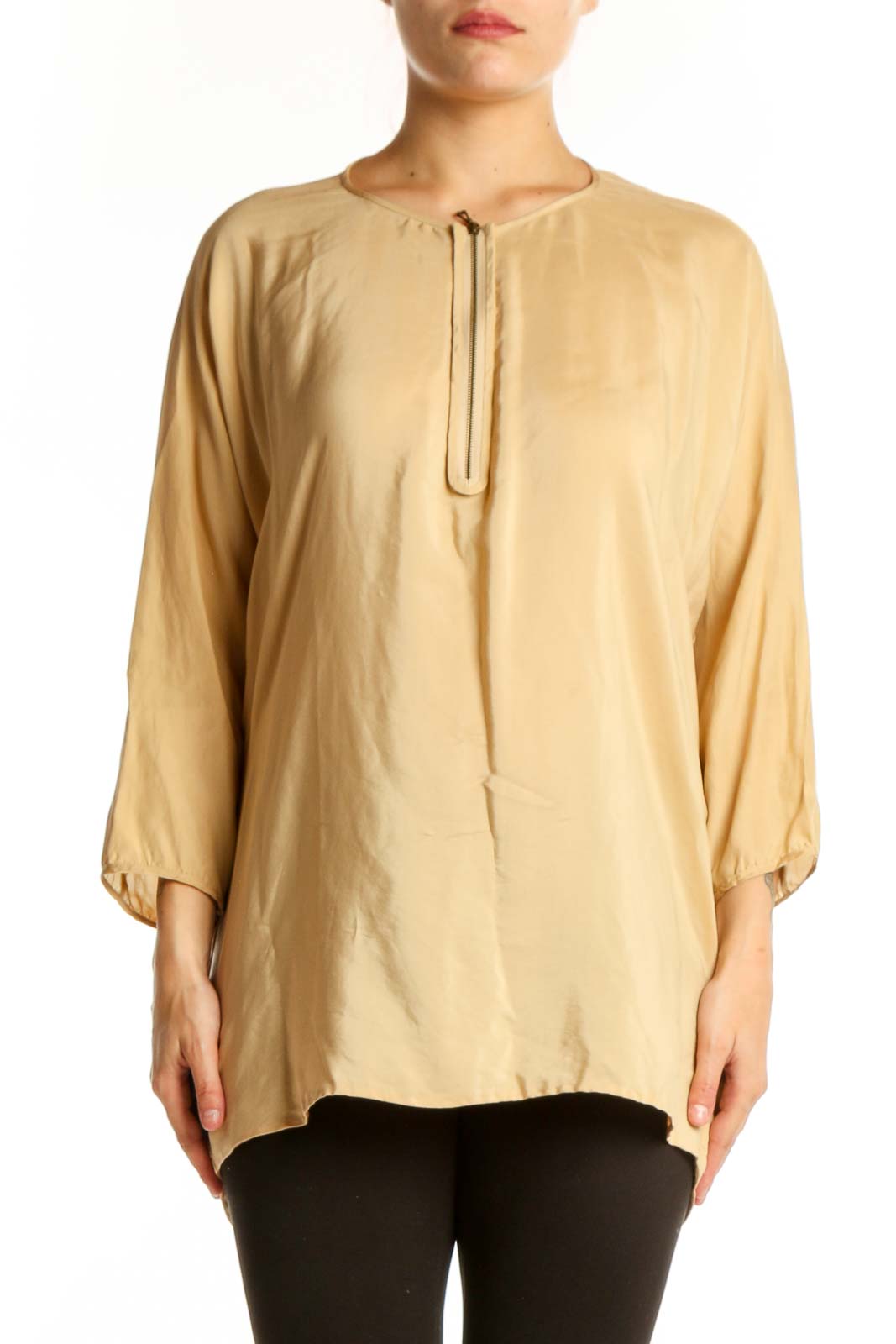 Cream Silk Tunic Top with Tie Neckline Front