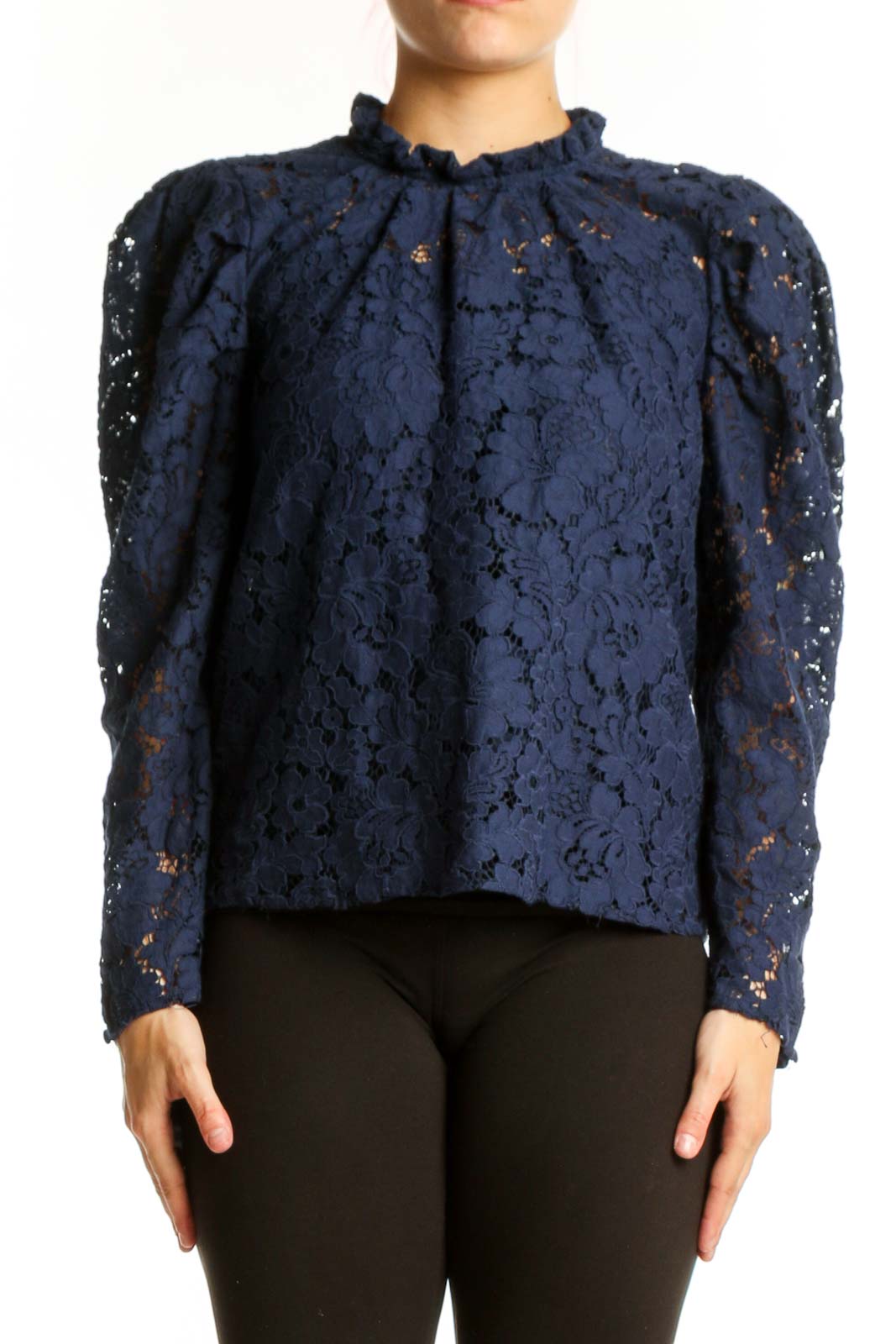 Navy Lace Puff Sleeve Top Front
