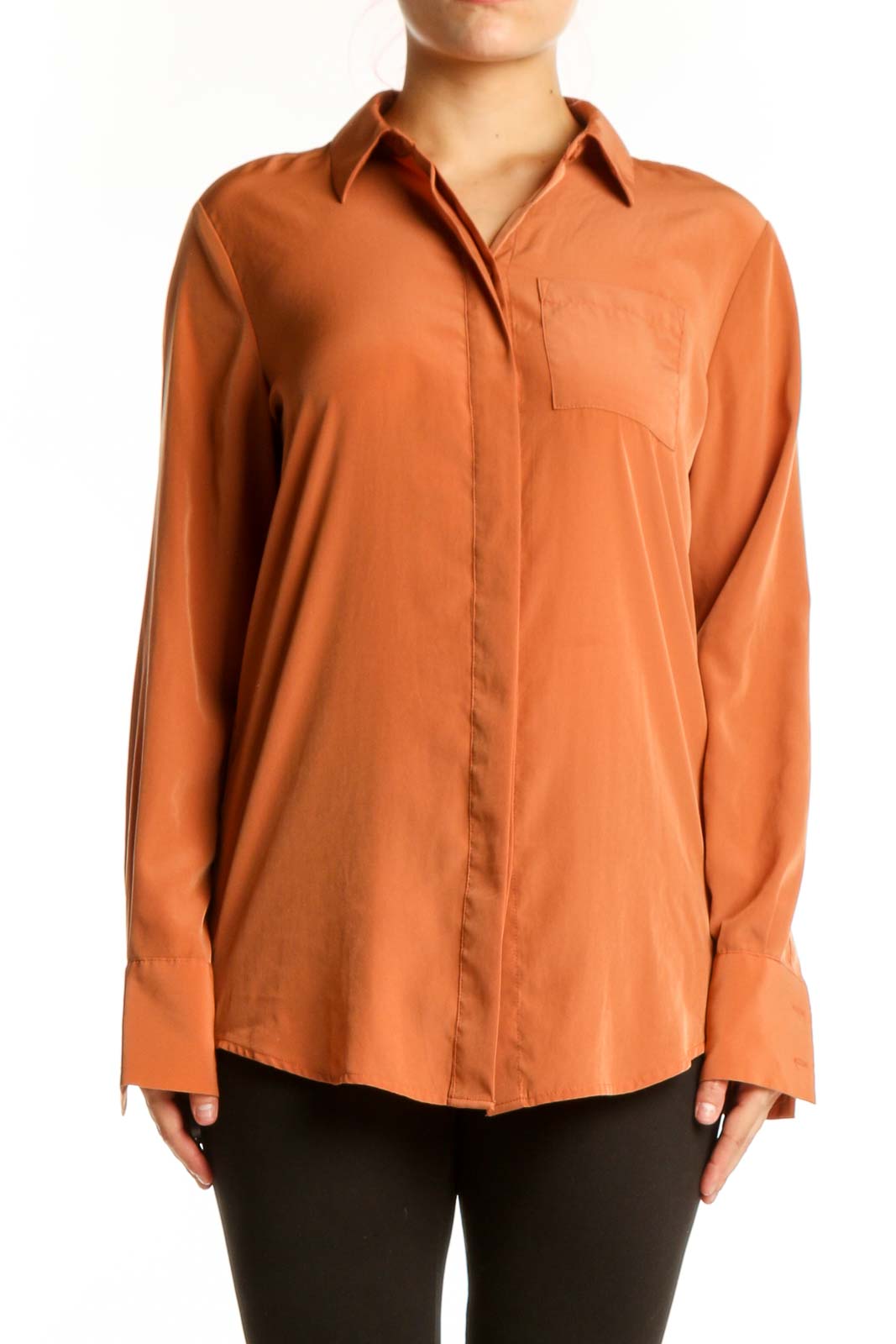 Orange Polyester Button-Up Shirt Front