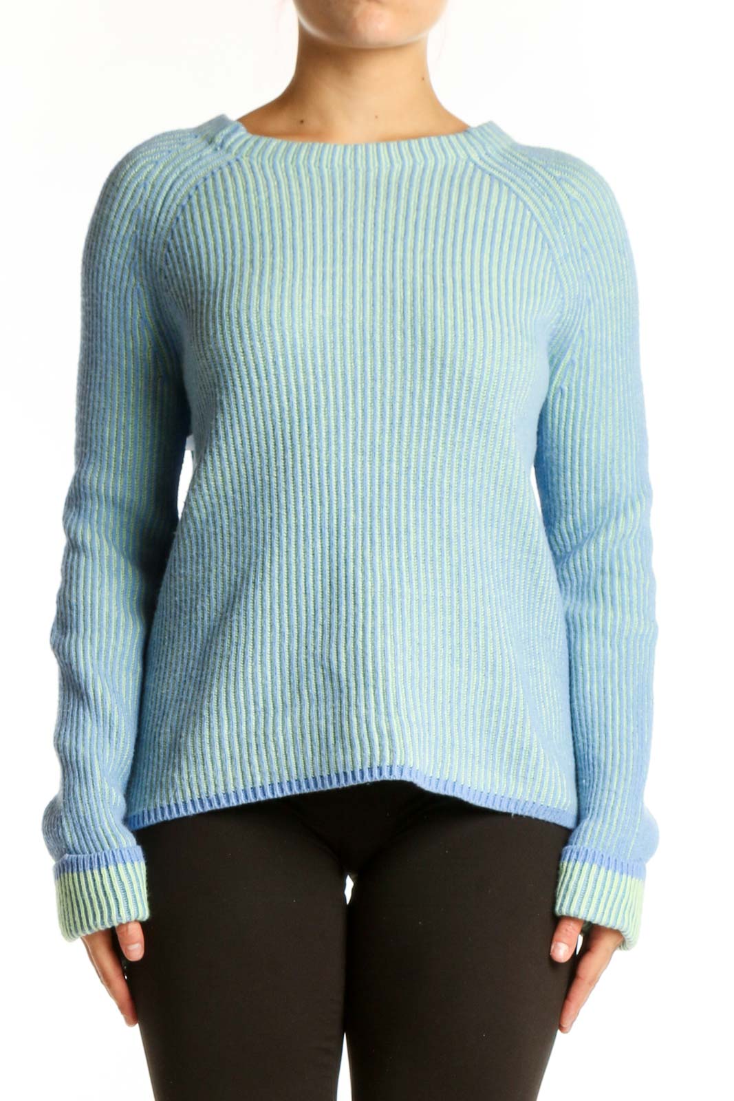 Blue Ribbed Knit Pullover Sweater Front