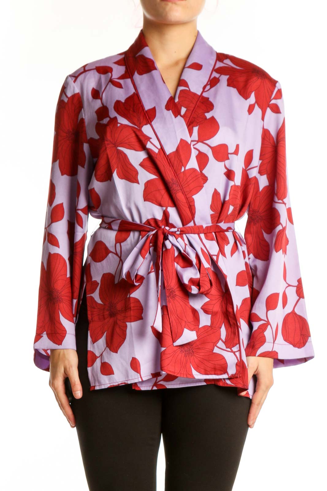 Red Floral Wrap Blouse with Belt Front