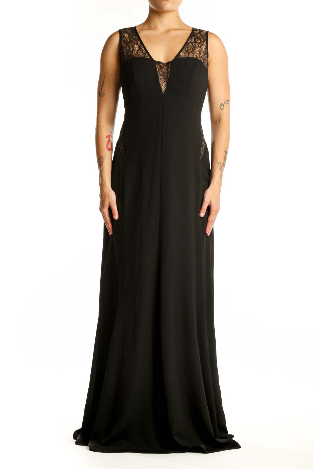 Black Lace Evening Gown with V-Neckline Front