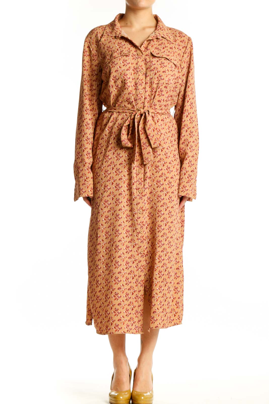 Beige Floral Button-Down Midi Dress Front