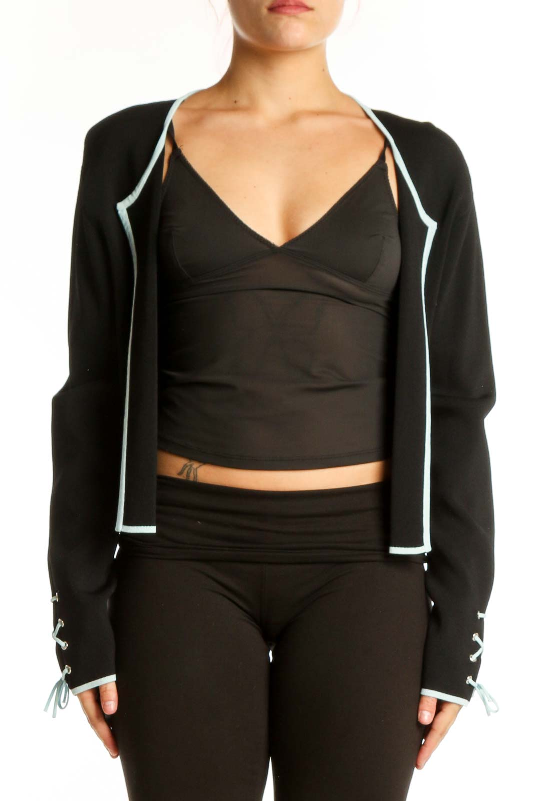 Black Cropped Zip-Up Jacket with White Trim Front