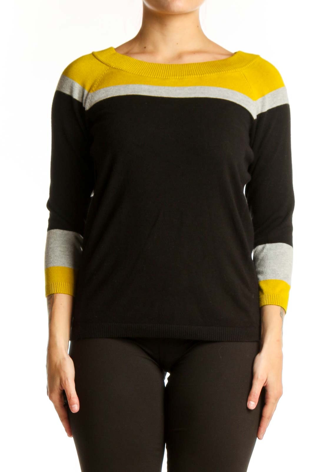 Black and Yellow Color Block Knit Sweater Front