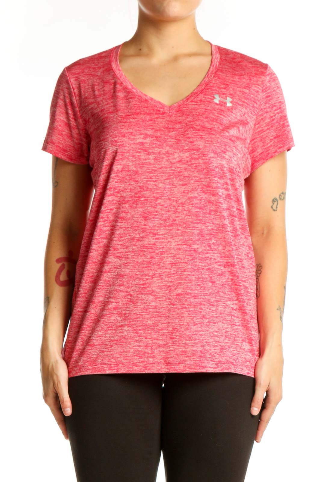 Pink Heathered V-Neck Activewear T-Shirt Front