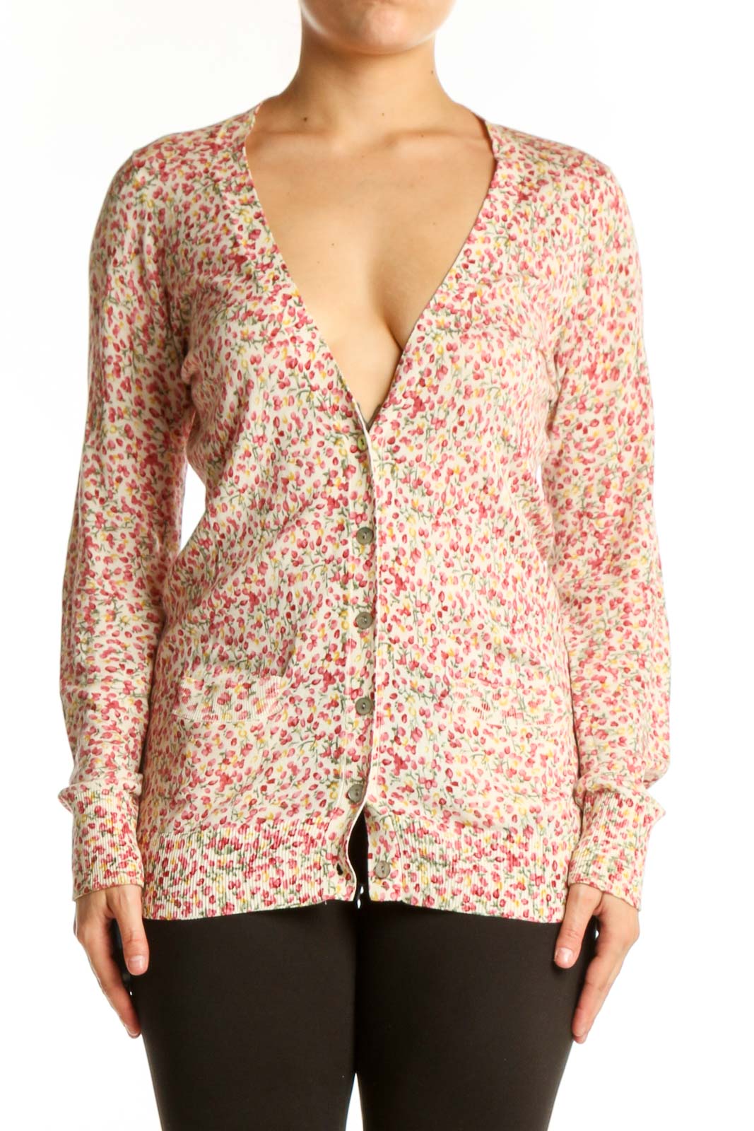 Pink Floral Cotton Silk Cardigan Front