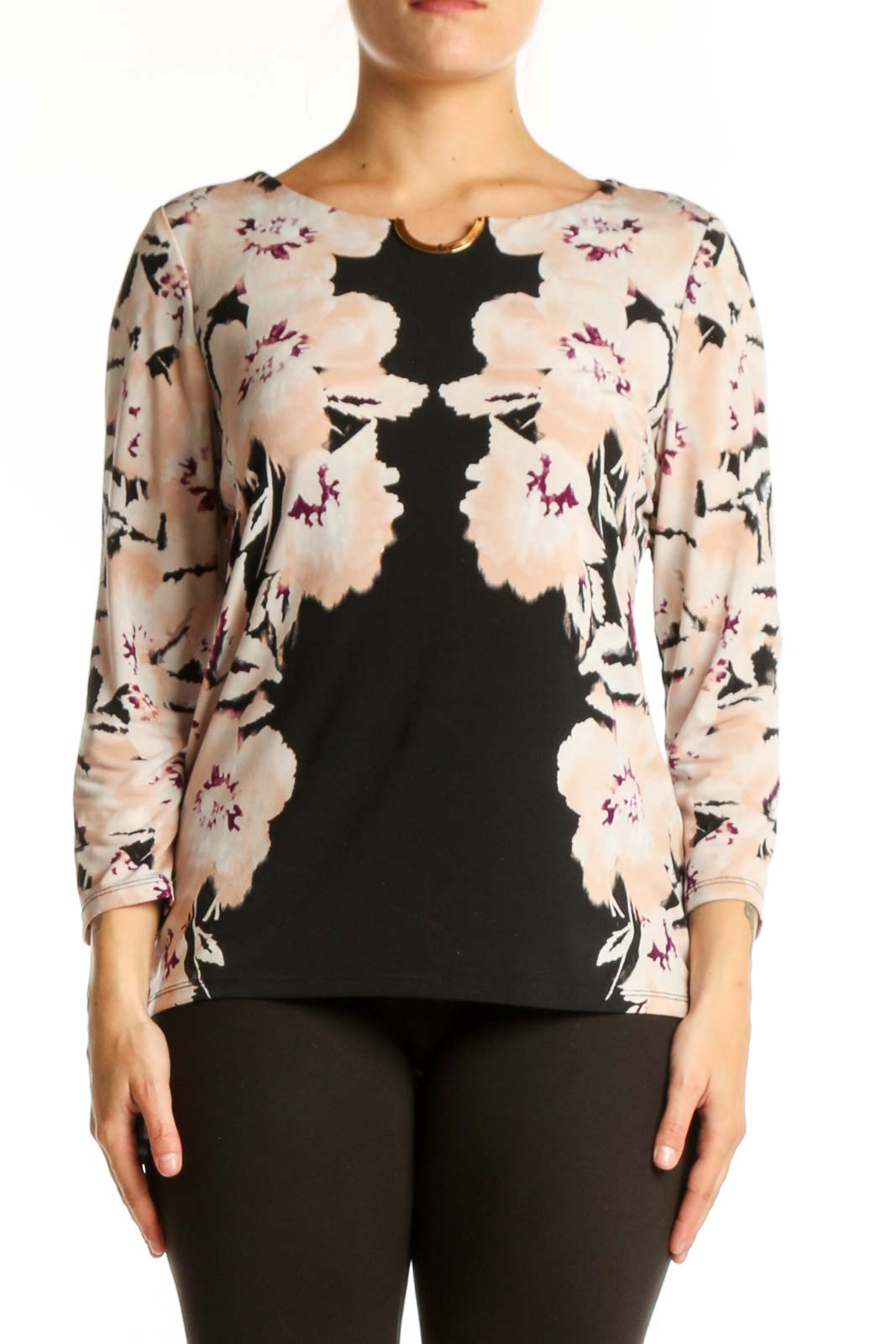 Black Floral Print Cotton Long Sleeve Top Front