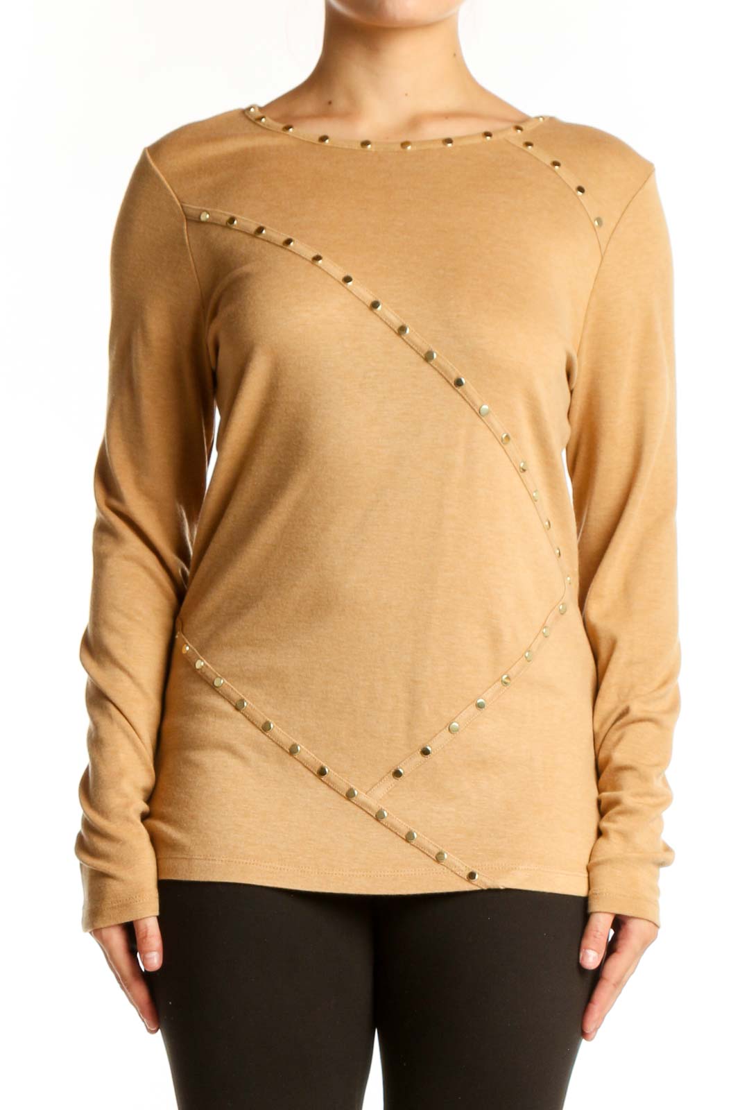 Camel Studded Knit Sweater with Geometric Design Front