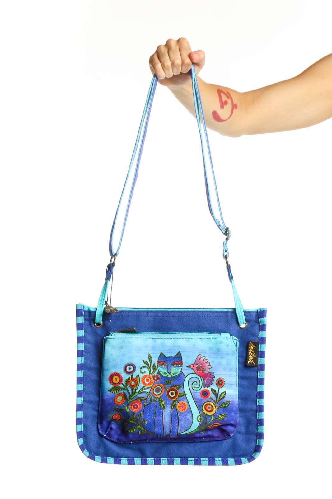 Blue Canvas Crossbody Bag with Floral Cat Design Front