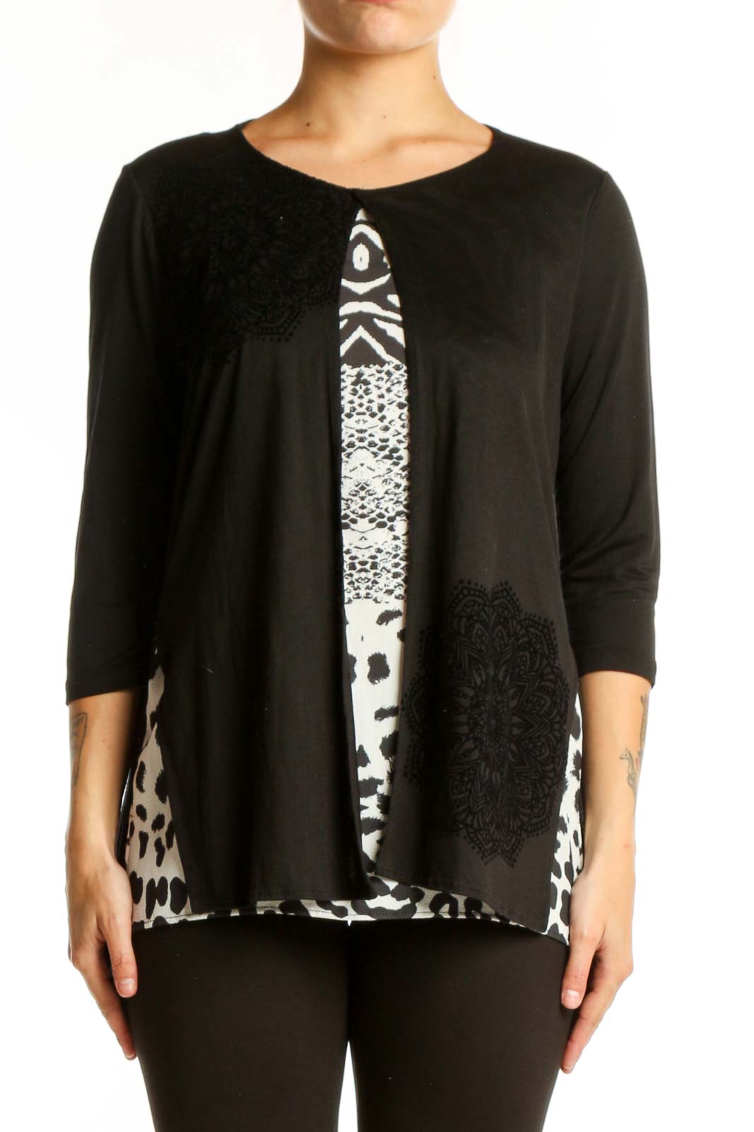 Black Mixed Print Three-Quarter Sleeve Top Front