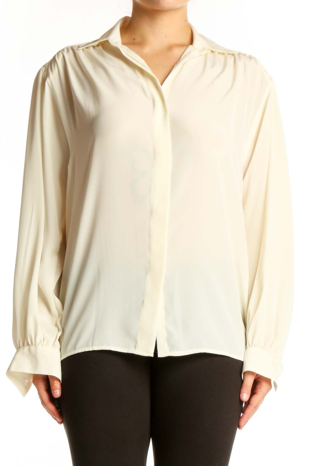 Cream Polyester Button-Up Blouse Front