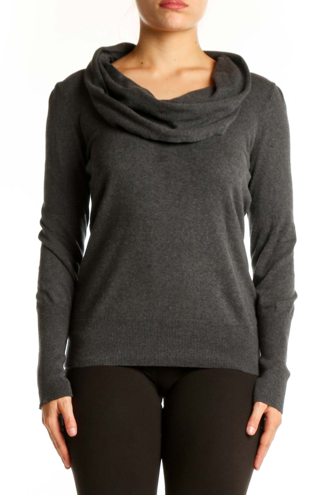 Charcoal Cashmere Cowl Neck Knit Sweater Front