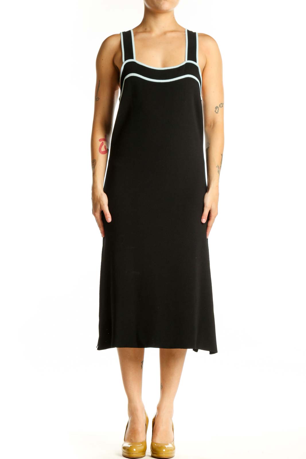 Black Midi Dress with White Trim Front
