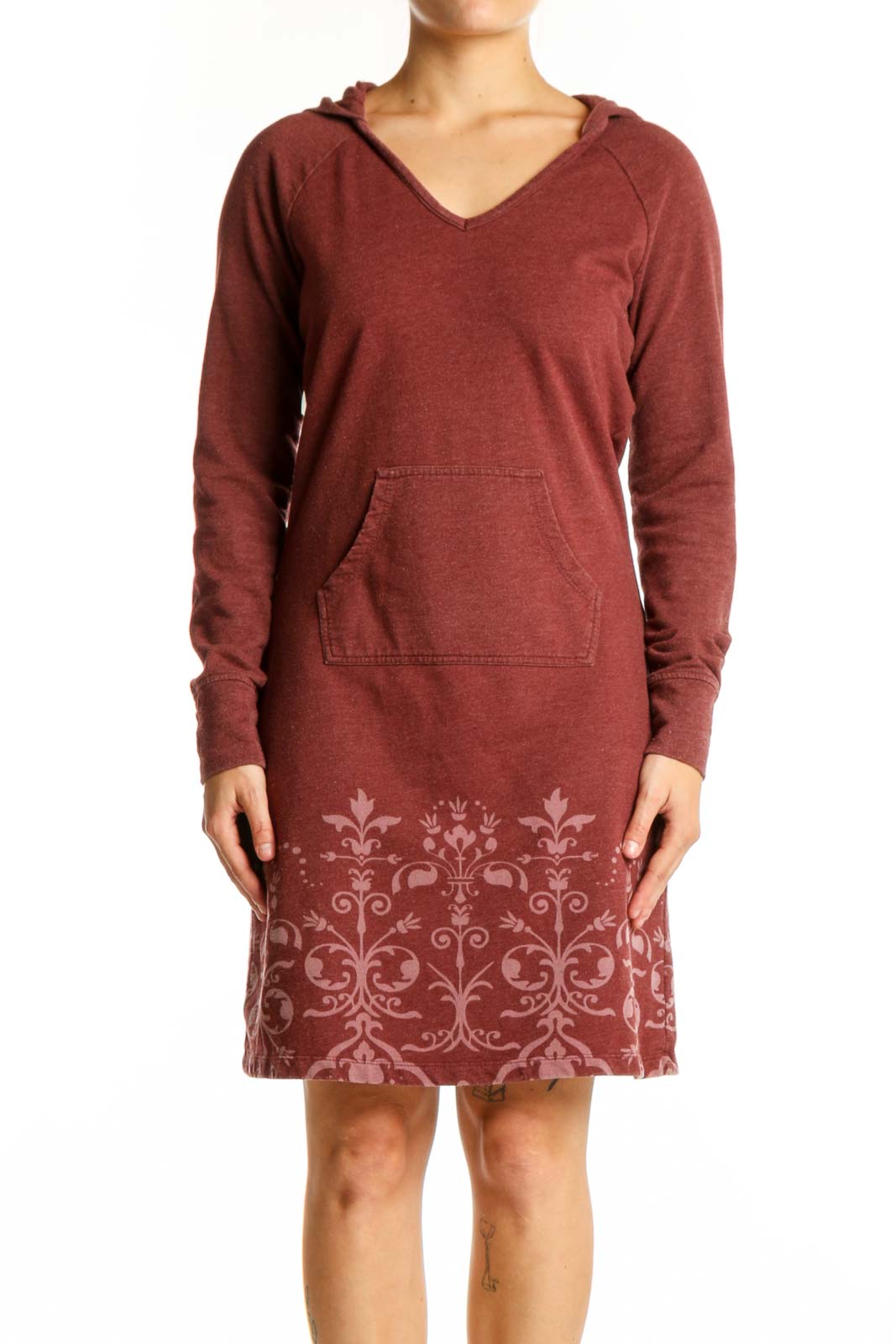 Burgundy Hooded Damask Print Dress Front