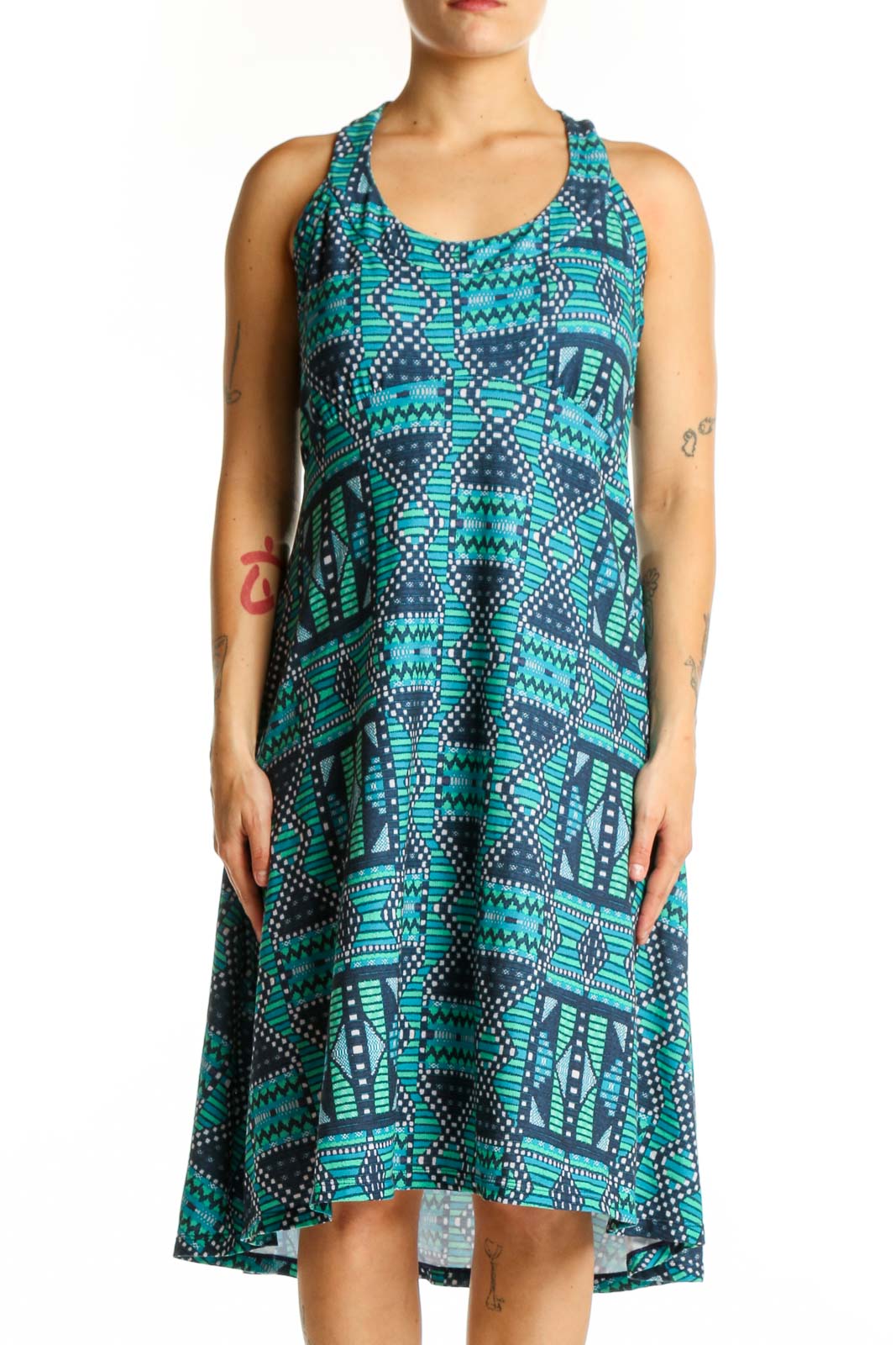 Turquoise Geometric Halter Midi Dress Front