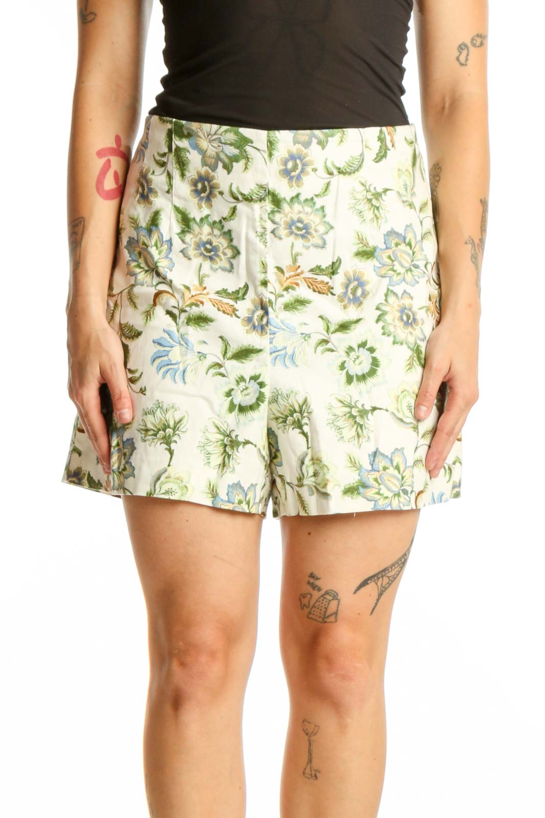 Cream Floral Print Linen Shorts Front