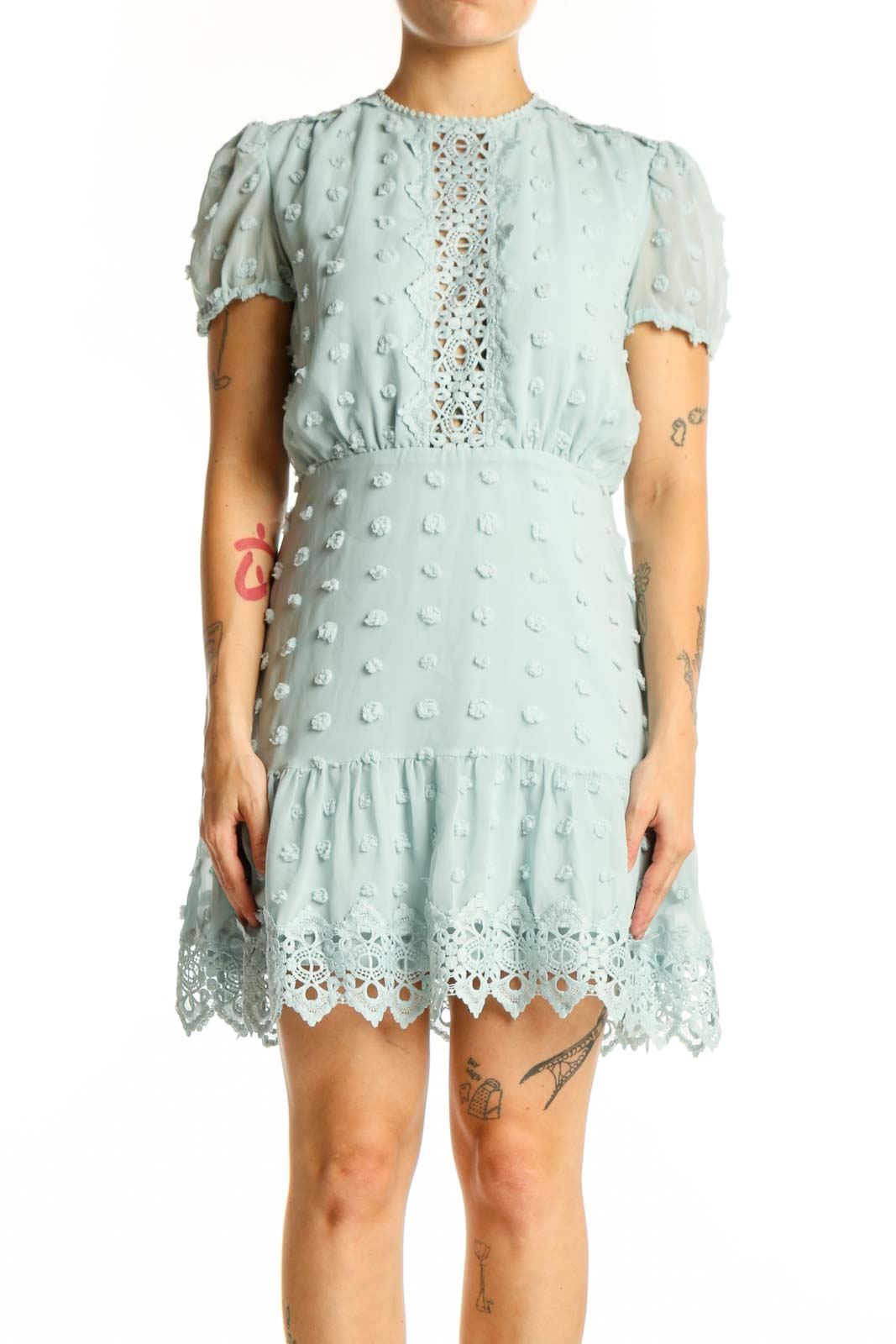 Cream Textured Lace Mini Dress Front