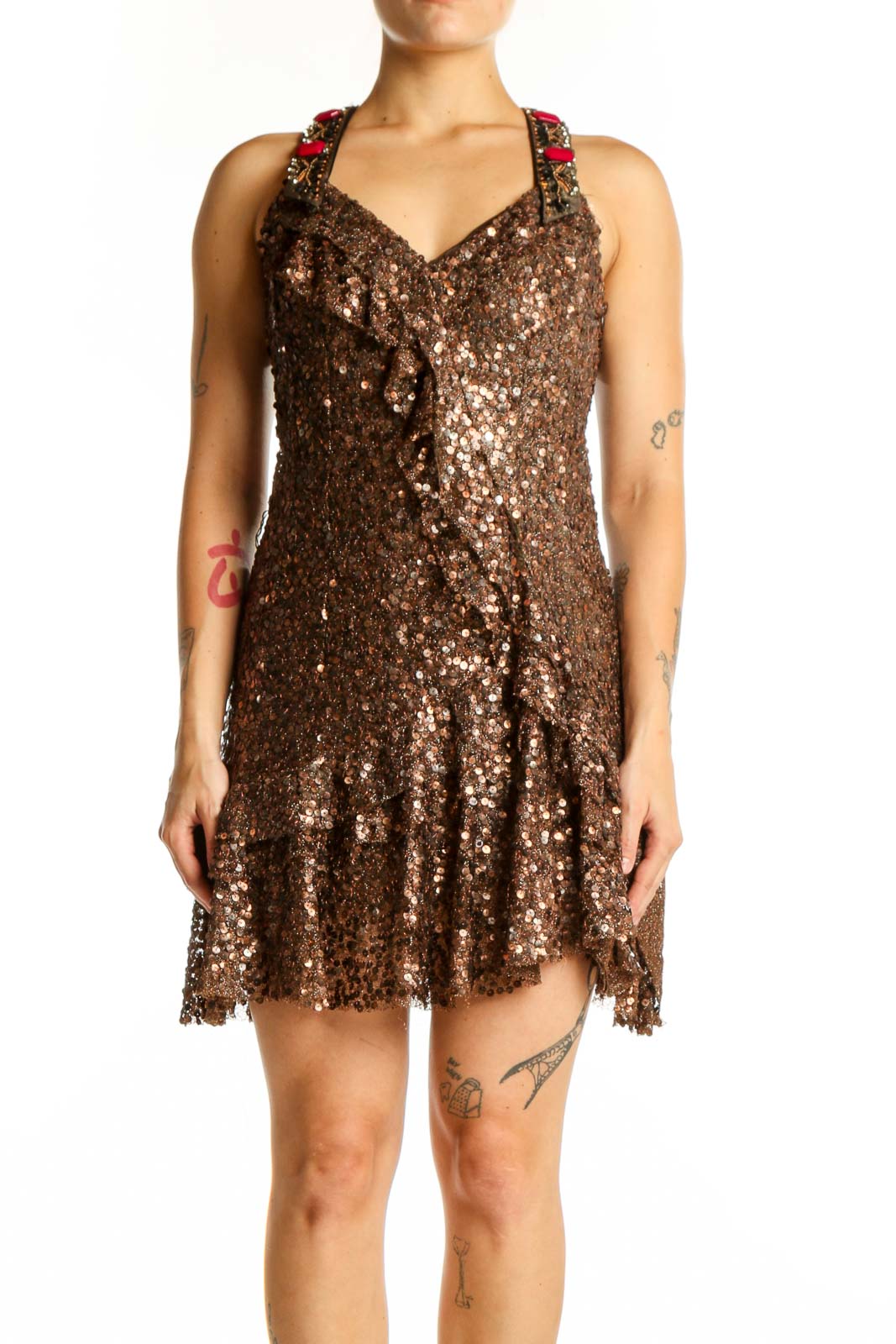 Gold Sequin Halter Cocktail Dress Front