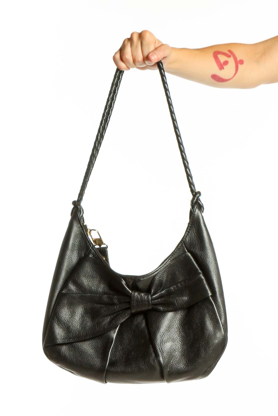 Black Leather Shoulder Bag with Bow Detail Front