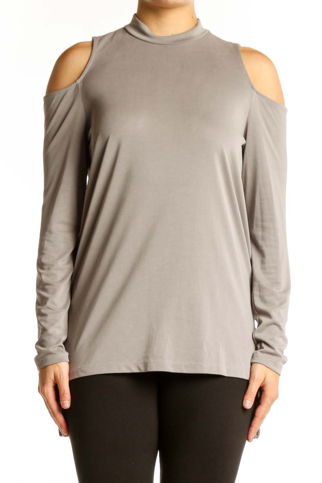 Beige Cold Shoulder Long Sleeve Top Front