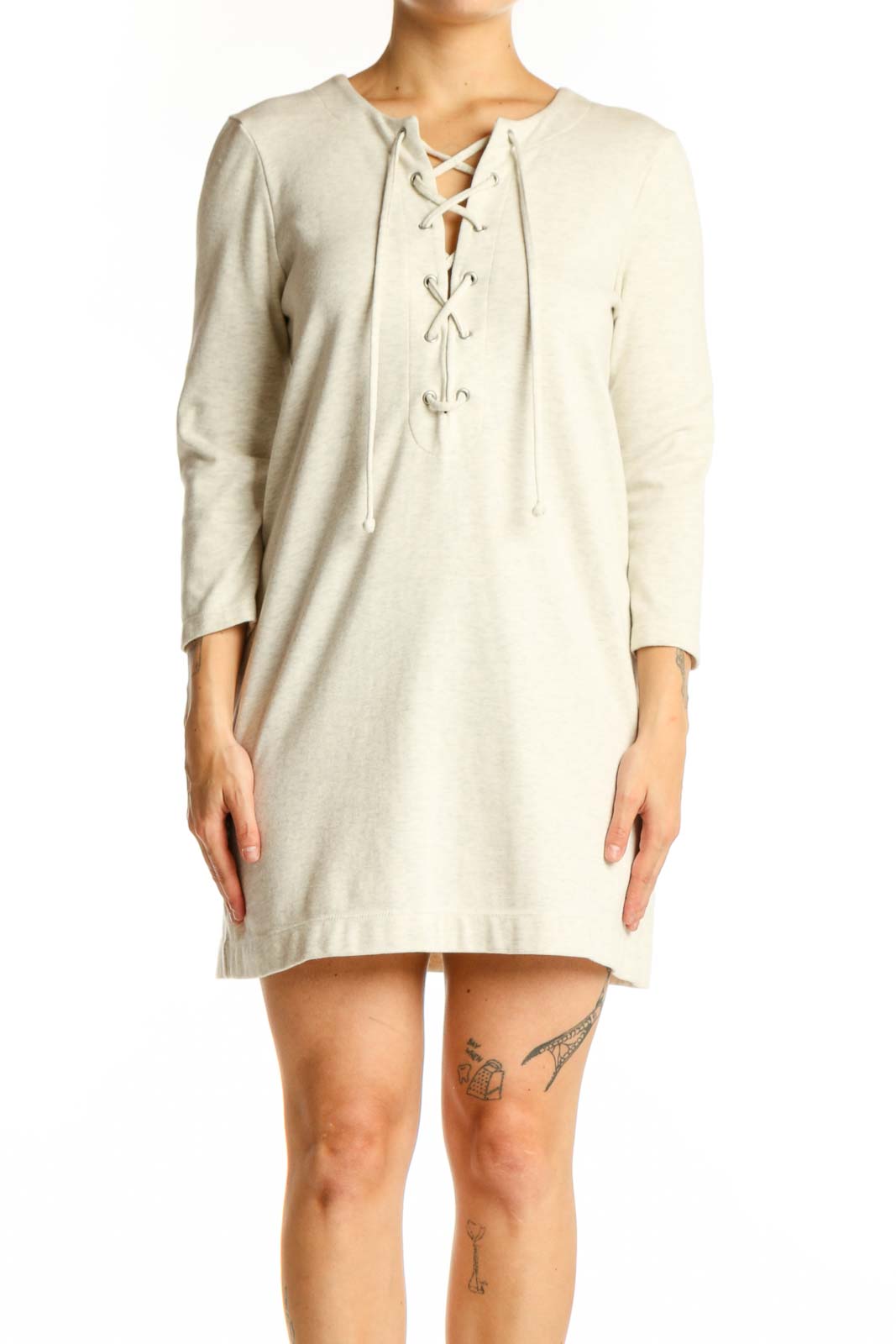 Cream Lace-Up Long Sleeve Shift Dress Front