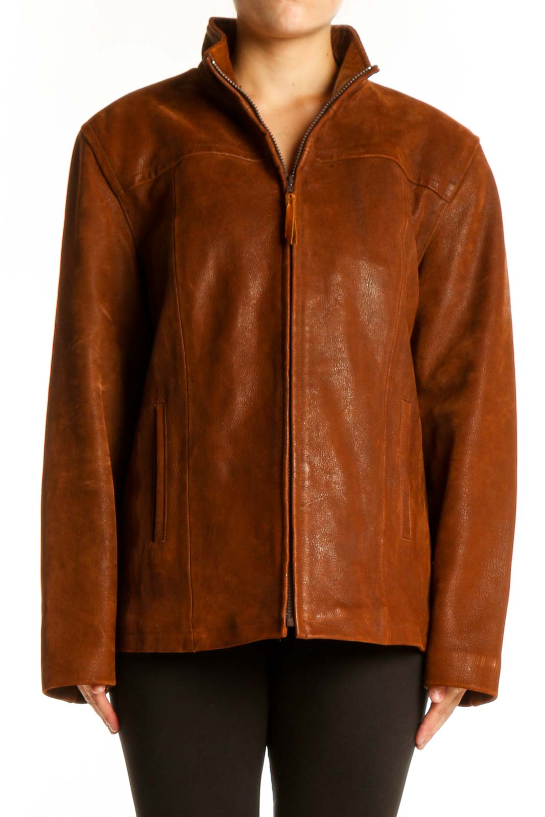 Cognac Leather Zip-Up Jacket Front