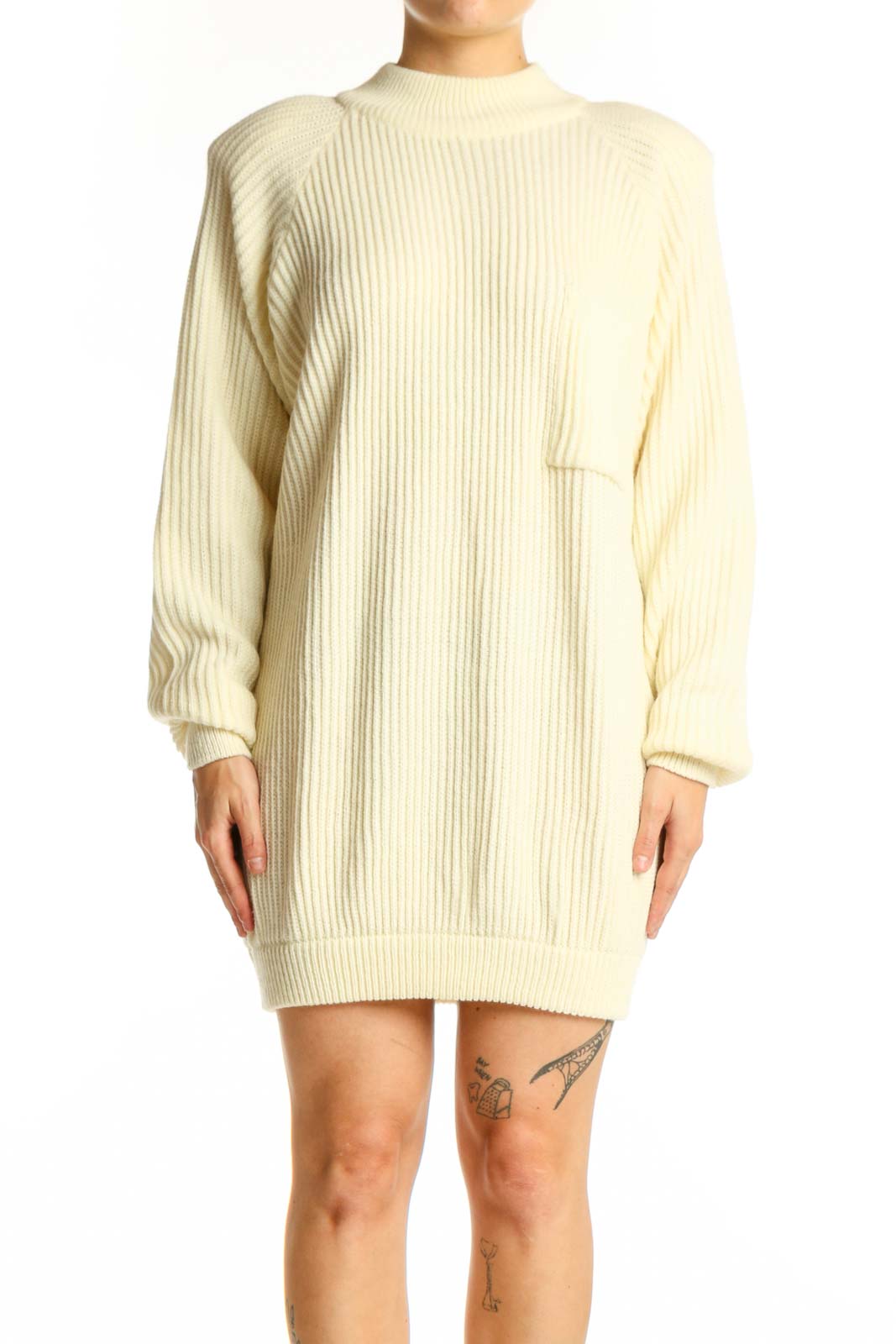 Cream Ribbed Knit Sweater Dress Front