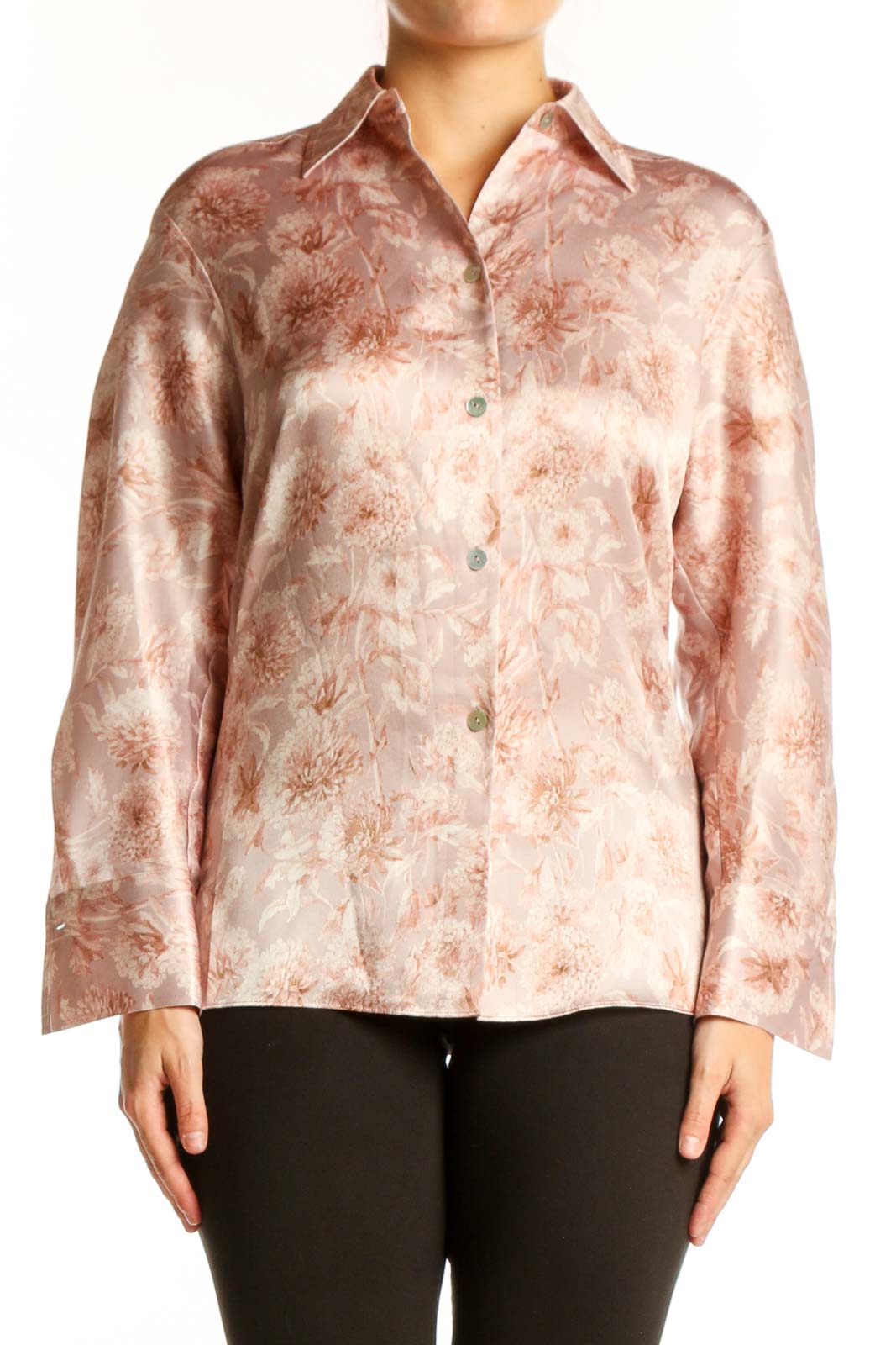 Blush Floral Silk Button-Up Shirt Front