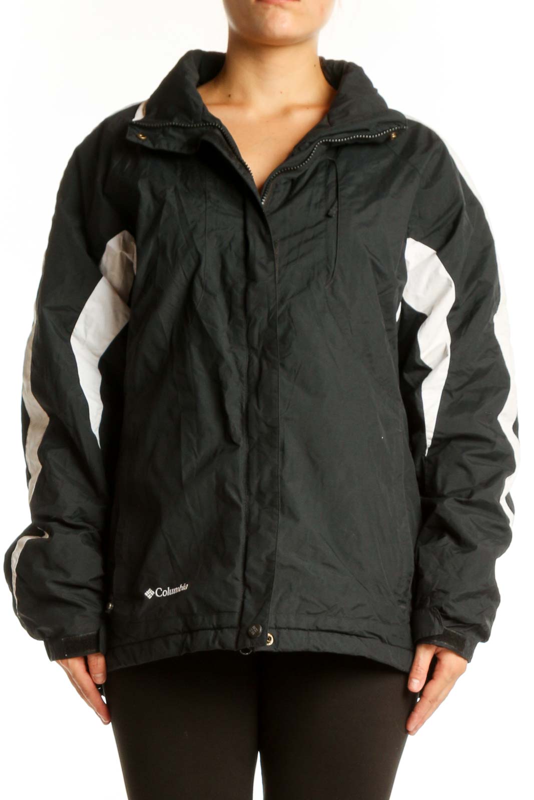 Black Columbia Windbreaker Jacket with White Stripes Front
